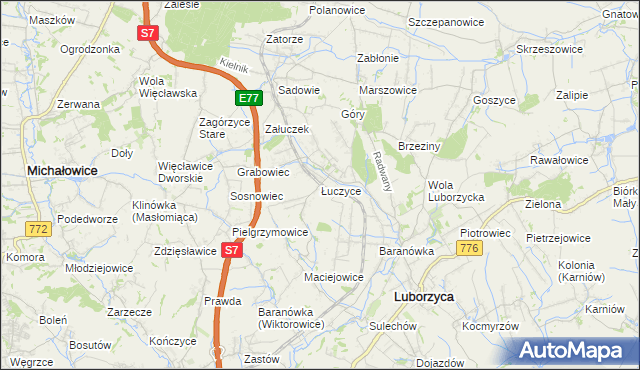 mapa Łuczyce gmina Kocmyrzów-Luborzyca, Łuczyce gmina Kocmyrzów-Luborzyca na mapie Targeo
