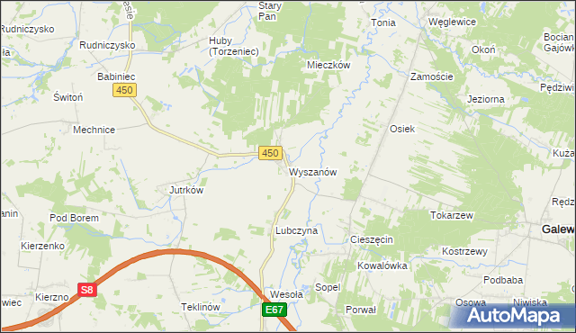 mapa Wyszanów gmina Wieruszów, Wyszanów gmina Wieruszów na mapie Targeo