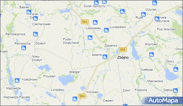 mapa Adamki gmina Zbójno, Adamki gmina Zbójno na mapie Targeo