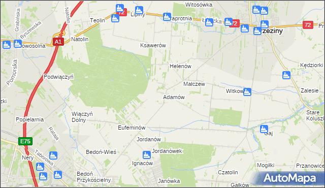 mapa Adamów gmina Brzeziny, Adamów gmina Brzeziny na mapie Targeo