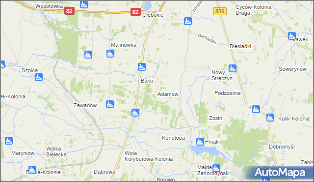 mapa Adamów gmina Cyców, Adamów gmina Cyców na mapie Targeo