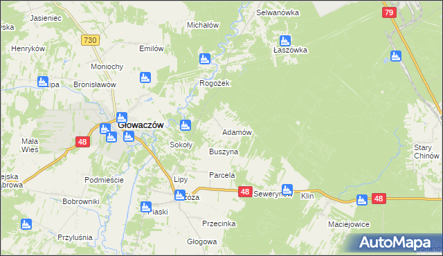 mapa Adamów gmina Głowaczów, Adamów gmina Głowaczów na mapie Targeo