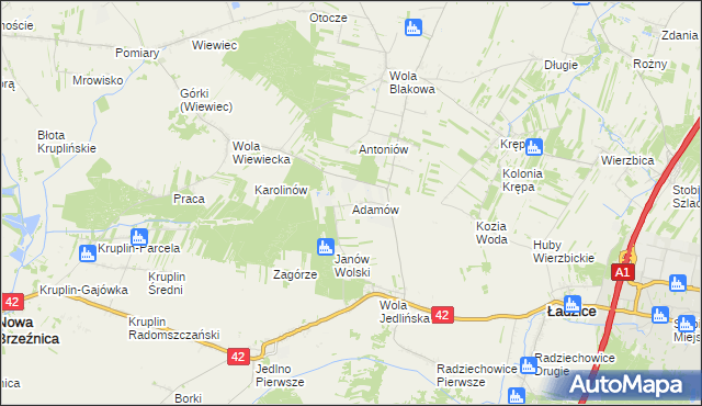 mapa Adamów gmina Ładzice, Adamów gmina Ładzice na mapie Targeo