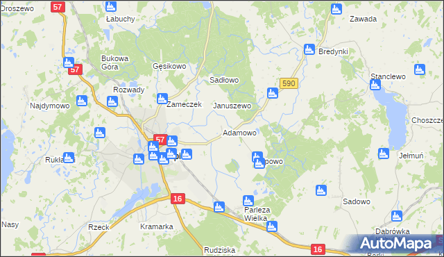 mapa Adamowo gmina Biskupiec, Adamowo gmina Biskupiec na mapie Targeo