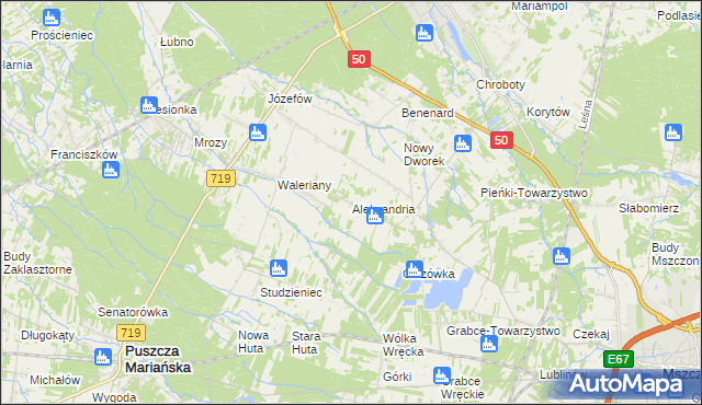 mapa Aleksandria gmina Puszcza Mariańska, Aleksandria gmina Puszcza Mariańska na mapie Targeo