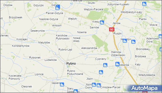 mapa Aleksandrów gmina Rybno, Aleksandrów gmina Rybno na mapie Targeo