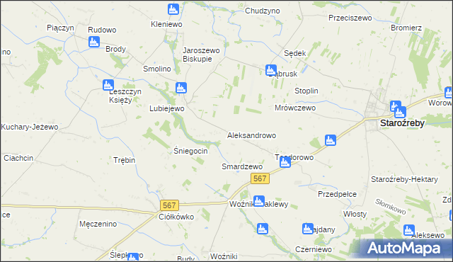 mapa Aleksandrowo gmina Staroźreby, Aleksandrowo gmina Staroźreby na mapie Targeo