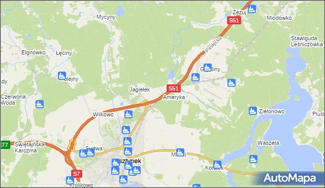 mapa Ameryka gmina Olsztynek, Ameryka gmina Olsztynek na mapie Targeo