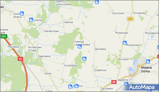 mapa Antoniewo gmina Miejska Górka, Antoniewo gmina Miejska Górka na mapie Targeo