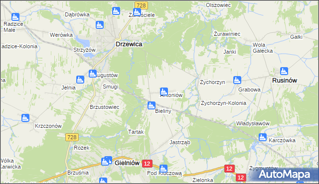 mapa Antoniów gmina Gielniów, Antoniów gmina Gielniów na mapie Targeo