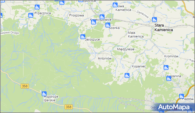 mapa Antoniów gmina Stara Kamienica, Antoniów gmina Stara Kamienica na mapie Targeo