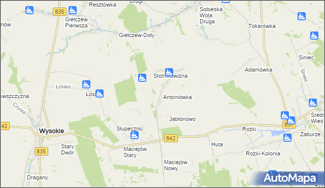 mapa Antoniówka gmina Wysokie, Antoniówka gmina Wysokie na mapie Targeo