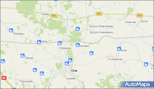 mapa Antonowo gmina Orla, Antonowo gmina Orla na mapie Targeo