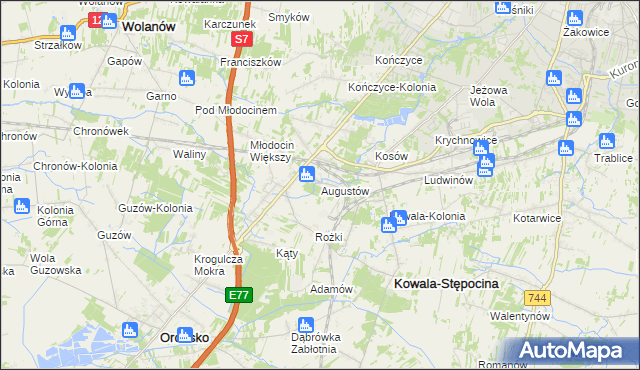 mapa Augustów gmina Kowala, Augustów gmina Kowala na mapie Targeo