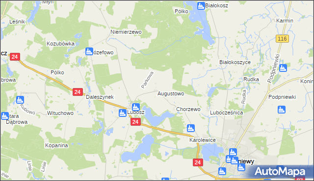 mapa Augustowo gmina Kwilcz, Augustowo gmina Kwilcz na mapie Targeo