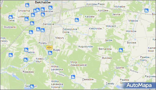 mapa Augustynów gmina Bełchatów, Augustynów gmina Bełchatów na mapie Targeo