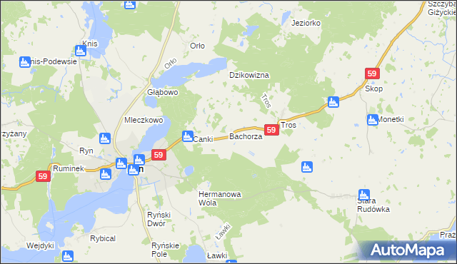 mapa Bachorza gmina Ryn, Bachorza gmina Ryn na mapie Targeo