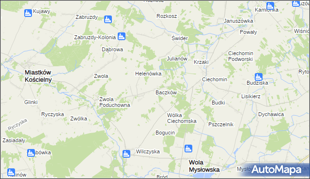 mapa Baczków gmina Wola Mysłowska, Baczków gmina Wola Mysłowska na mapie Targeo