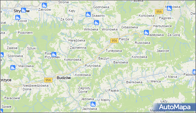 mapa Baczyn gmina Budzów, Baczyn gmina Budzów na mapie Targeo