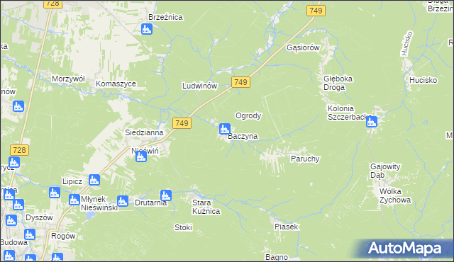 mapa Baczyna gmina Końskie, Baczyna gmina Końskie na mapie Targeo