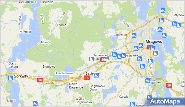 mapa Bagienice Małe gmina Mrągowo, Bagienice Małe gmina Mrągowo na mapie Targeo