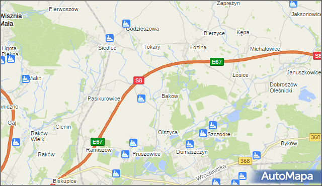 mapa Bąków gmina Długołęka, Bąków gmina Długołęka na mapie Targeo