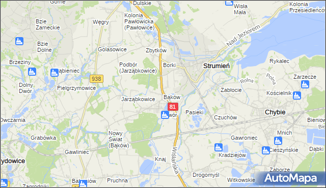 mapa Bąków gmina Strumień, Bąków gmina Strumień na mapie Targeo