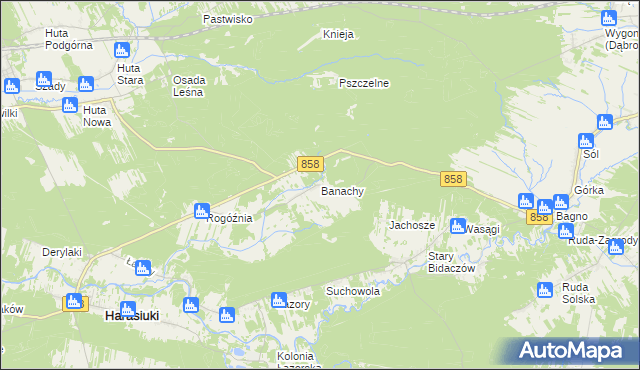 mapa Banachy gmina Harasiuki, Banachy gmina Harasiuki na mapie Targeo