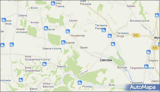 mapa Baraki gmina Zakrzew, Baraki gmina Zakrzew na mapie Targeo