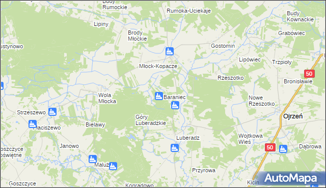mapa Baraniec gmina Ojrzeń, Baraniec gmina Ojrzeń na mapie Targeo