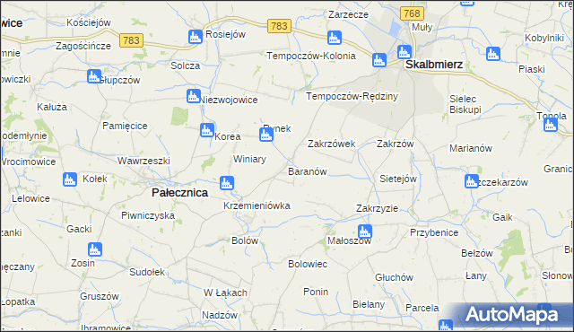 mapa Baranów gmina Skalbmierz, Baranów gmina Skalbmierz na mapie Targeo