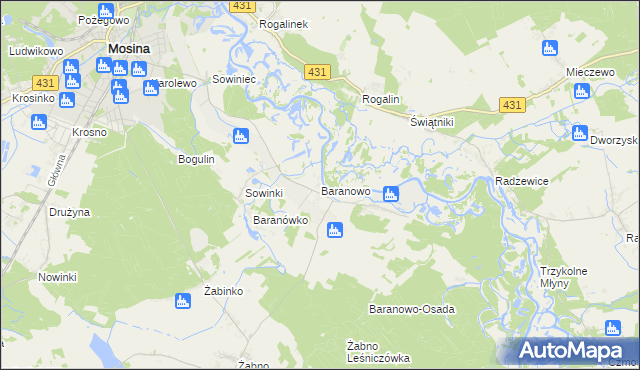 mapa Baranowo gmina Mosina, Baranowo gmina Mosina na mapie Targeo