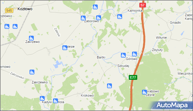 mapa Bartki gmina Kozłowo, Bartki gmina Kozłowo na mapie Targeo