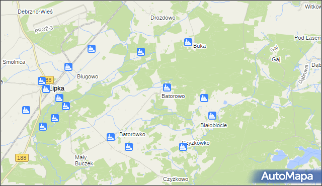 mapa Batorowo gmina Lipka, Batorowo gmina Lipka na mapie Targeo