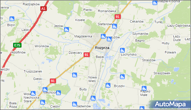 mapa Bazar gmina Rozprza, Bazar gmina Rozprza na mapie Targeo