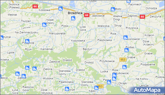 mapa Bęczyn gmina Brzeźnica, Bęczyn gmina Brzeźnica na mapie Targeo