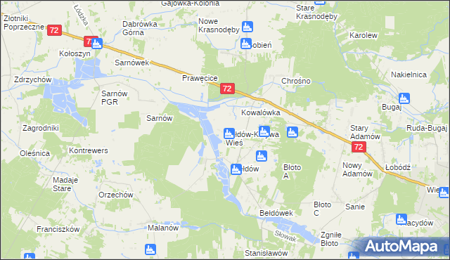 mapa Bełdów-Krzywa Wieś, Bełdów-Krzywa Wieś na mapie Targeo