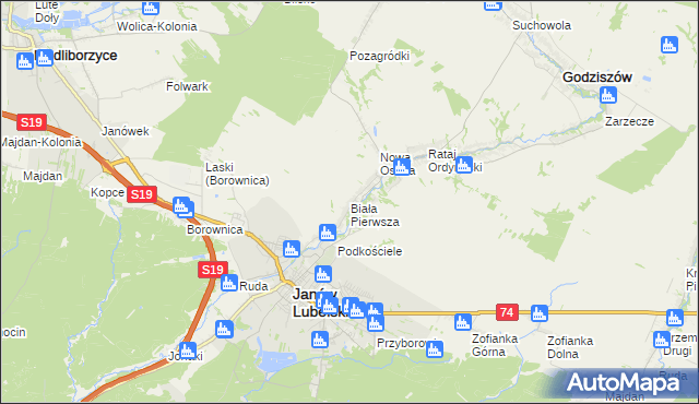 mapa Biała Pierwsza gmina Janów Lubelski, Biała Pierwsza gmina Janów Lubelski na mapie Targeo