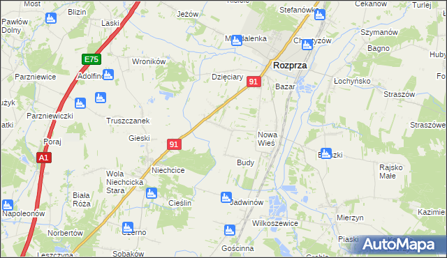 mapa Białocin gmina Rozprza, Białocin gmina Rozprza na mapie Targeo