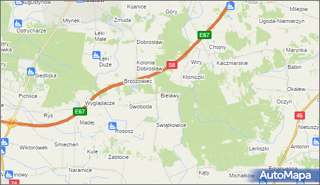 mapa Bielawy gmina Lututów, Bielawy gmina Lututów na mapie Targeo