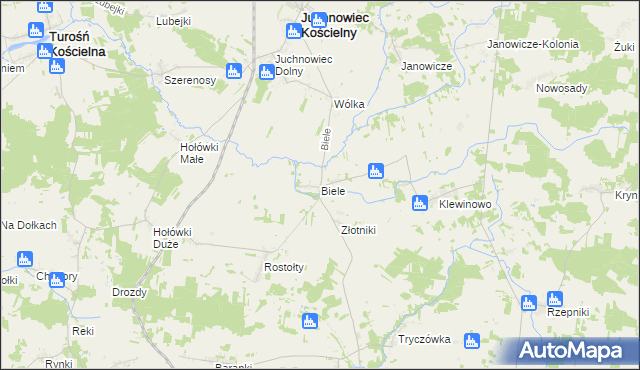 mapa Biele gmina Juchnowiec Kościelny, Biele gmina Juchnowiec Kościelny na mapie Targeo