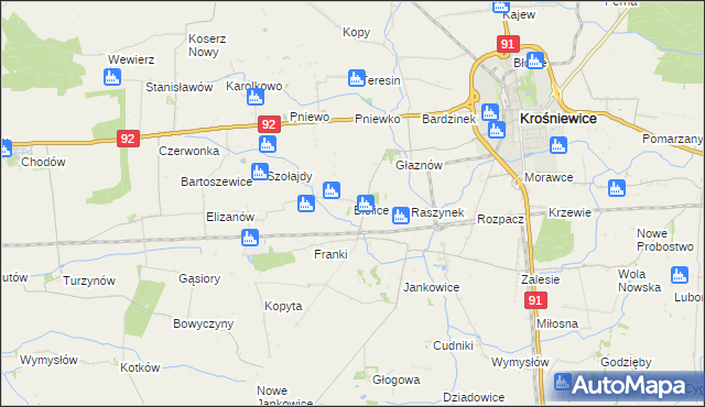 mapa Bielice gmina Krośniewice, Bielice gmina Krośniewice na mapie Targeo