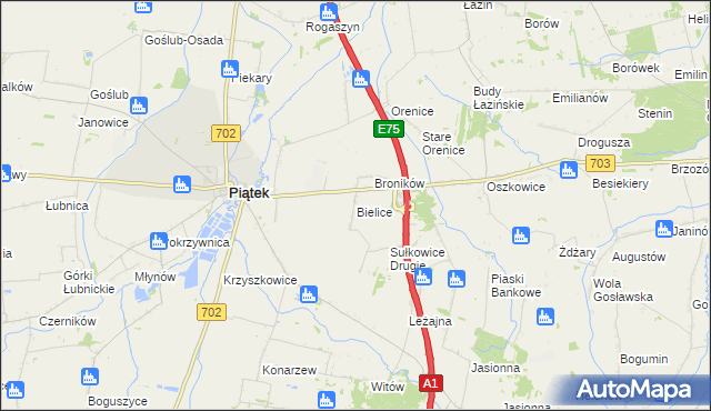 mapa Bielice gmina Piątek, Bielice gmina Piątek na mapie Targeo