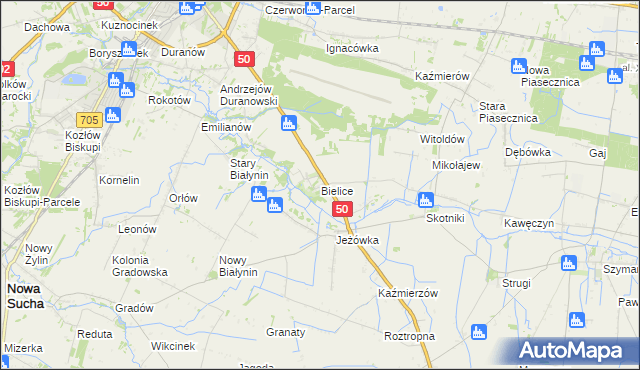 mapa Bielice gmina Sochaczew, Bielice gmina Sochaczew na mapie Targeo
