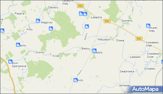 mapa Bieliny gmina Bartoszyce, Bieliny gmina Bartoszyce na mapie Targeo