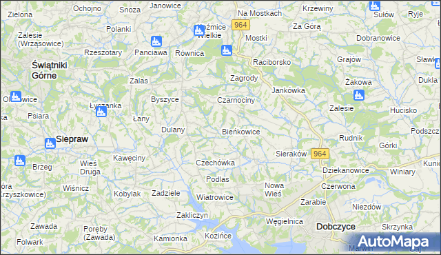 mapa Bieńkowice gmina Dobczyce, Bieńkowice gmina Dobczyce na mapie Targeo