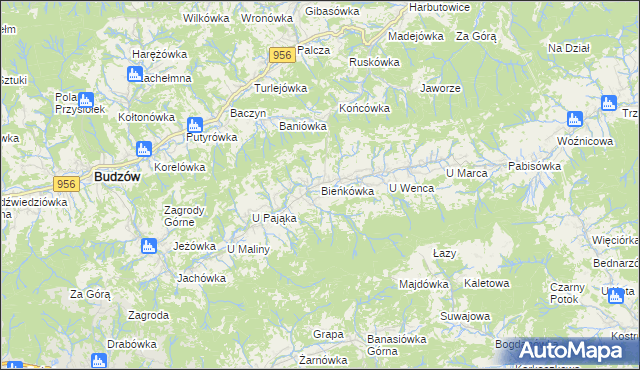 mapa Bieńkówka gmina Budzów, Bieńkówka gmina Budzów na mapie Targeo