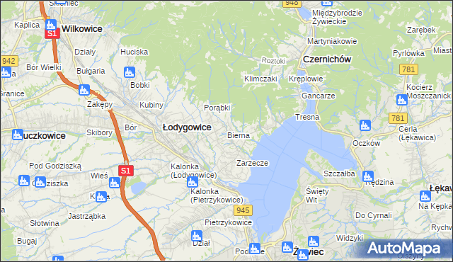 mapa Bierna gmina Łodygowice, Bierna gmina Łodygowice na mapie Targeo