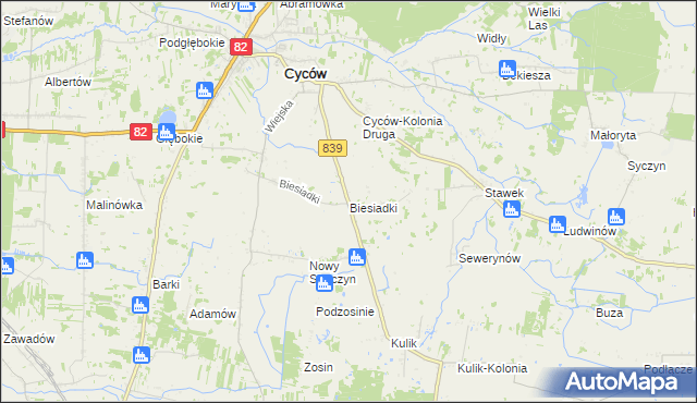 mapa Biesiadki gmina Cyców, Biesiadki gmina Cyców na mapie Targeo