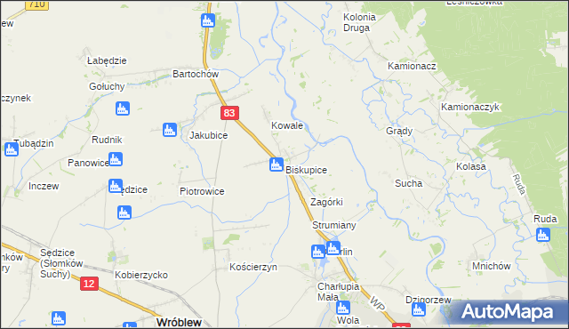 mapa Biskupice gmina Sieradz, Biskupice gmina Sieradz na mapie Targeo